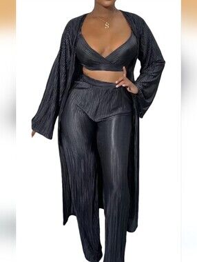 NWT The Boutique Black Plissé 3-Piece Duster Pant & Crop Top Set Small Made in U